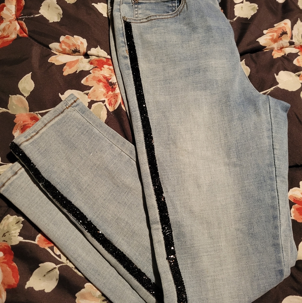 Blue skinny jeans with glitter stripe unisex size 32